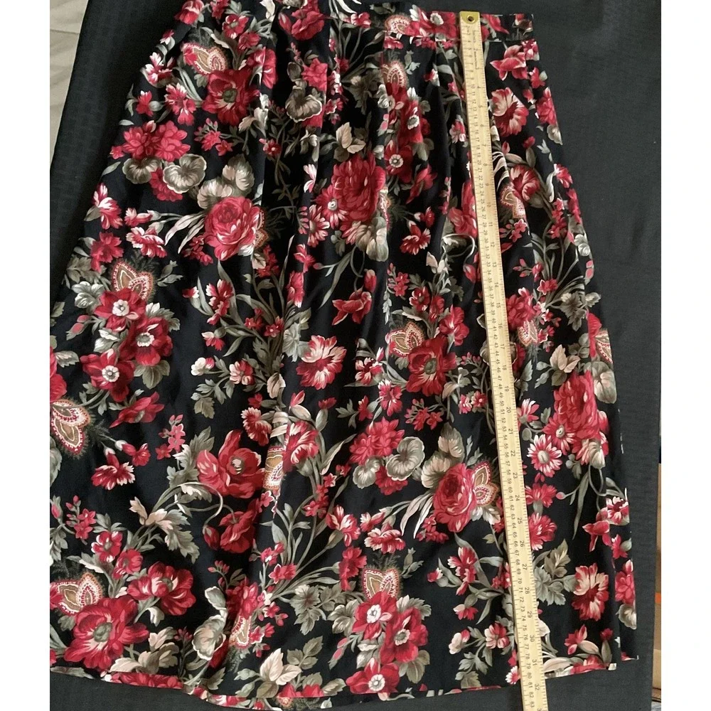 Vintage Koret Skirt Womens 18 Black Floral Rayon Pleated‎ Long Boho Pockets 90s